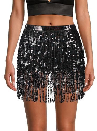 OFFCUP Jupe à Paillettes, Jupe à Pampilles à Paillettes, Jupes de Danse du Ventre Costume de Danse du Ventre Hanche Enveloppées De Franges Foulard Rave Music Festival Costume pour Femmes et Filles