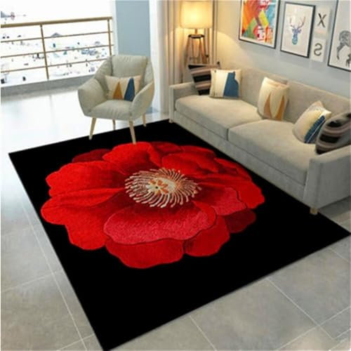 RUGMRZ Mädchen Teppich Kinderzimmer Wohnungs Deko Schwarzes rotes Farbschema Mitte runde Blume schwarzer Rand pflegeleicht Webteppich Schlafzimmers Kinderteppich 80X120CM