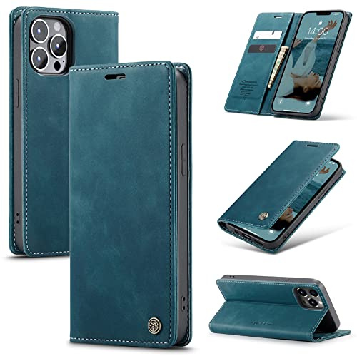 Cracedily Handyhülle für iPhone 13 Pro Hülle, Klapphülle Premium Lederhülle Klappbar Flip Case Tasche Magnet Kartenfach Standfunktion Klapphülle Schutzhülle für iPhone 13 Pro, Blaugrün