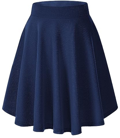 EXCHIC Femmes Élégant Taille Élastique Trompette A-Ligne Midi Jupe Base Uniforme Plissée roulettes Jupe(M, Bleu Marine)