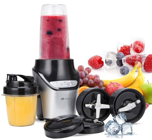 PureMate Blender and Food Processor - Powerful 18,000 RPM Extractor Blends Frozen Fruit, Nuts & Ice – 1000W Motor with Stainless Steel Blades and 3 Speed Settings – Ideal For Smoothies & Post Workout