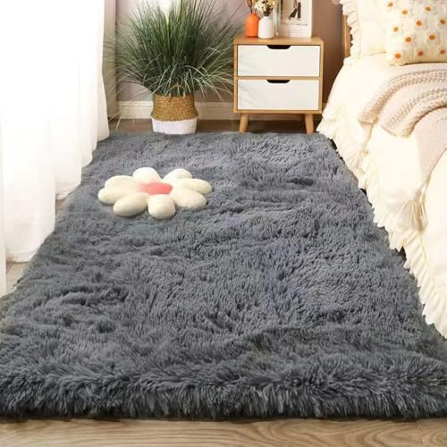 CHENMIAO Hochflor Teppich 60 x 80 cm Super Soft, Flauschige Moderne Weicher Wohnzimmerteppich Pflegeleicht, Anti-Rutsch-Rückseite für Schlafzimmer Kinderzimmer, Grau