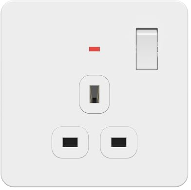 LIDER 1-Gang Switched 13A Socket, Screwless Plastic Plate Cover, White | Glossy, Double-Pole Plug Socket, Child-Proof Shutters, UKCA Certified, Thermoplastic, Tamper-Resistant, LED Indicators