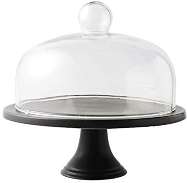 Matte Black Ceramic Cake Stand with Glass Cover 25.5 * 25.5 * 24CM Cake Dome for Salad Plate Chip Dip Server Cheese Display Elegant Design for Parties and Entertaining