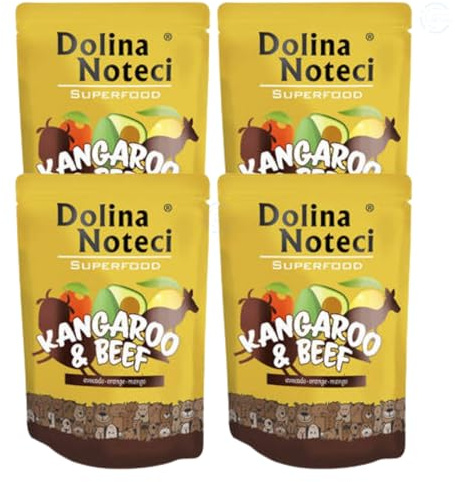 Dolina Noteci Premium SUPERFOOD Grain-Free Wet Dog Food for All Breeds – Natural Recipes, Tailored Nutrition, Unique Meats & Functional Supplements, No Additives (Kangaroo & Beef, 4x300g)