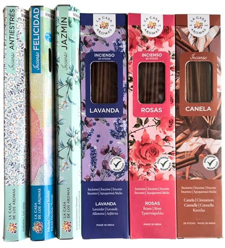 120 Inciensos Naturales sin Tóxicos para Casa | Pack Armonía y Bienestar para Reducir Estrés y Potenciar la Felicidad - 6 Aromas: Antiestrés, Felicidad, Jazmín, Lavanda, Rosas y Canela - Aromaterapia