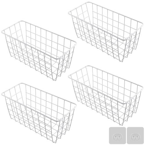 FUNSUEI 4 PCS White Wire Storage Baskets, 28.5 x 12.5 x 12.5cm Metal Wall Storage Baskets for Home, Kitchen