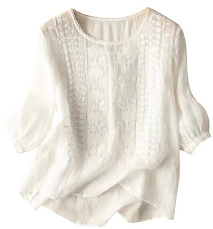 Angxiwan White Linen Shirt Women Linen Tops for Women UK Plus Size Short Sleeve Tunic Blouse Retro Jacquard T-Shirts Baggy Loose Fit Shirt Lightweight Flowy Cotton Blouses