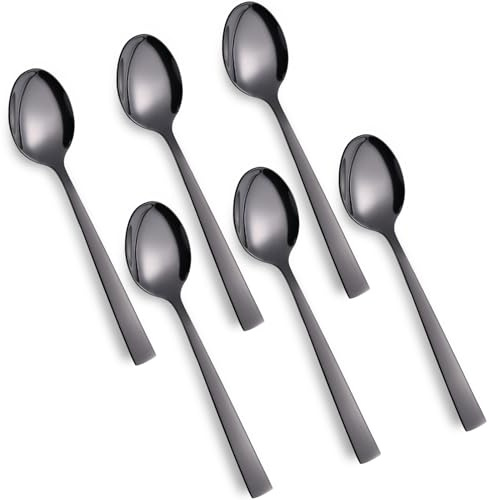 Kucensi Teelöffel 6 Stück,14cm Edelstahl Kaffeelöffel Esslöffel Set, Klein Löffel mit Quadratischer Griff für Party, Hause, Restaurant, Gesunde & Hochglanzpoliert, Spülmaschinenfest(Schwarz)