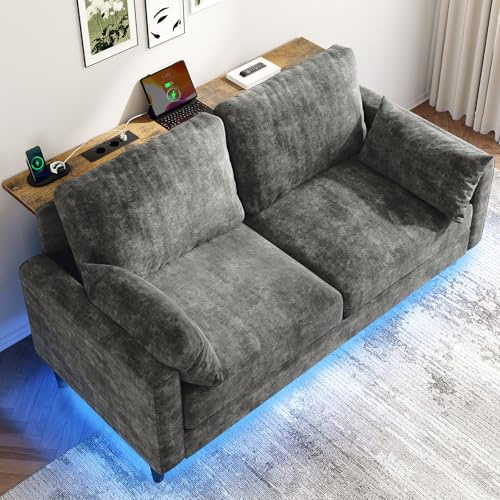 KKL Couch 2 Sitzer Sofa mit LED-Lichtschläuche und Konsolentisch, mit 2 AC-Ladeanschlüssen und 2 USB-Anschlüssen Chenille für Wohnzimmer/Schlafzimmer/Wohnung