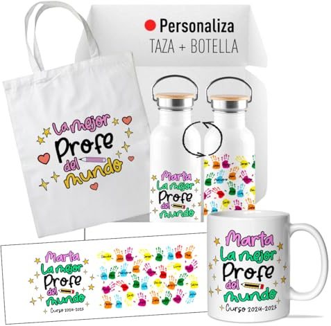 LINFORMAL Pack Regalo Personalizado Profesora Fin de Curso, Taza + Botella 750 ml + Bolsa Tote, Detalle de Clase con Nombre y Alumnos para Maestra, Seño o Tutora - La mejor profe -