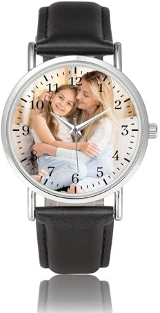 JSDDE Personalisiert Armbanduhr mit Fotogravur Lederarmband Analog Quarzuhr Damenuhr Herrenuhr Personalisiertes Geschenk für Damen Herren