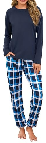 Uniexcosm Pijama Mujer Largo Pijamas para Mujers Invierno Conjunto de Mujer 2 Piezas Manga Larga en Cuello Redondo Top y Pantalones a Cuadros Ropa de Casa Azul Marino XXL