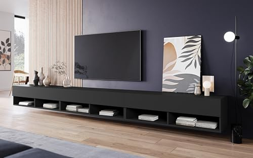 PIASKI Meuble TV 300 cm LOWBOARD A, sans éclairage LED, Grand meuble pour téléviseur, Meuble de télévision, Différentes couleurs (Noir mat)