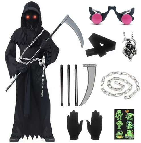 Costume Mietitore Bambino, Costume Halloween Bambino Grim Reaper Costumes,Costumi da Mietitore con Falce della Morte e Guanti, Collana, Occhiali Luminosi e Catene,per Costumi Halloween Carnevale
