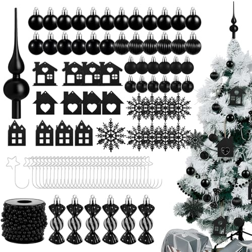 Sinmoe 66 Stück schwarz Weihnachtskugeln Weihnachten Deko Set Kunststoff Christbaumkugeln Baumspitze Schneeflocken Holzanhänger Bonbons Christbaumschmuck für Festival Party Weihnachtsbaum Deko