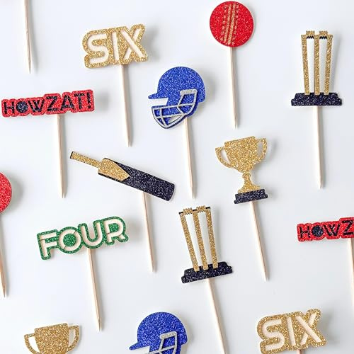 24PCS Cricket Cupcake Toppers – Glitter Sports Theme Party Picks | Birthday, Cricket League, T20, Championship, Tournament & Sports Day Decorations