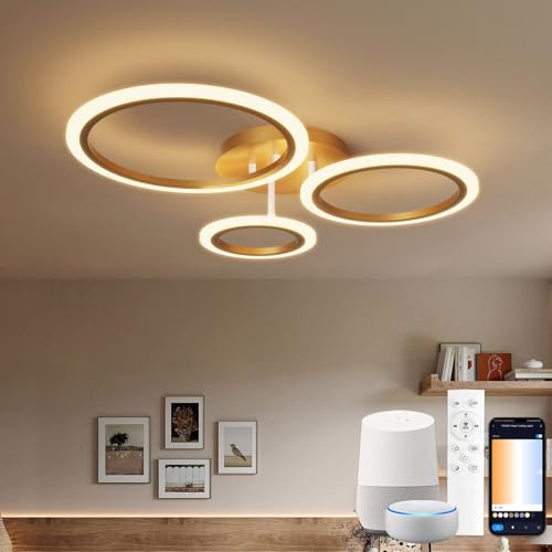 Smart LED Deckenlampe Dimmbar, WLAN Deckenleuchte kompatibel mit Alexa & Google Home, Moderne 3 Ringe Design, Farbtemperatur Einstellbar (CCT), für Schlafzimmer, Esszimmer, Küche, Gold