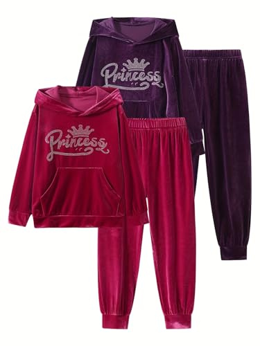 Fdqin Toddler Girls 4 Piece Tracksuits Velour Tracksuit Graphic Print Hoodies Sweatshirt and Sweatpants Red Purple 3-4Years