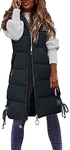Gilet Femme Doudoune sans Manche Chaud Veste Polaire avec Capuche Hiver Longue Matelassée Zippé Gilets avec Poches Duveteux Blouson sans Manche Élégant Casual Outdoor Manteau Grande (01 Black, L)