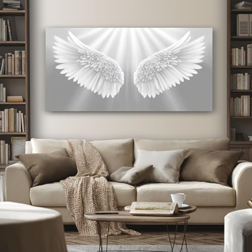 SKOEUI Wandbilder Engel Flügel, Spirituell Feder Leinwandbilder 60x120 cm | Wohnzimmer für Schlafzimmer Moderne Dekoration Großes Gemälde als Geschenk, Fertig auf Holzrahmen Gespannt