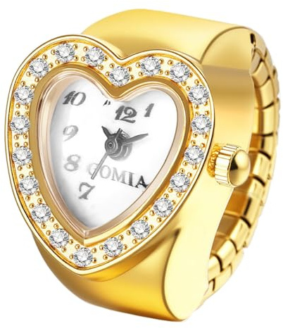 JewelryWe Fingeruhr Herz Elastische Ringuhr: Glitzer Strass Analog Quarz Fingerringuhr Gold Dehnbarer Metallband Ring Uhr Uhrenring mit Herzförmigem Arabischen Ziffern Zifferblatt