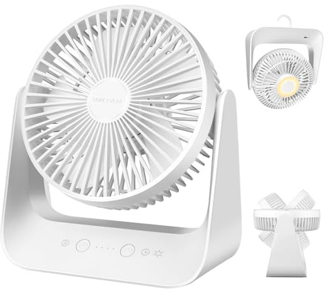 HONEYYEAR 5000mAh Small Desk Fan 6-Inch, Portable Desktop Fan with Intelligent temperature control function,Small Battery Operated USB Fan with Light & Hook for Bedroom, Home, Office, Travel & Cruise