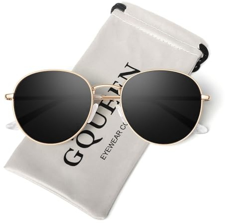GQUEEN Retro Sonnenbrille Damen Herren Rund Polarisierte Hippie Stil UV400 | Leicht,Metallgestell,Verstellbare Nasenauflagen,Autofahren,Reisen,Laufen,Golfen,Angeln