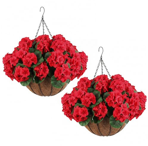 Geranios artificiales, paquete de 2 geranios artificiales para exteriores, cesta colgante de flores rojas con protección UV, flores de seda realistas para decoración de patio y jardín (11, 8 pulgadas)
