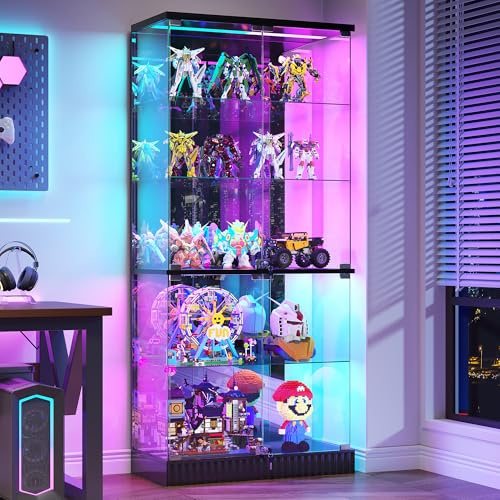 Gurexl 170 cm Glasvitrine mit RGB LED Beleuchtung,5-Lagen Vitrinenschrank mit Bewegungssensor und Sperren,Vitrine mit Verstellbare Trennwand für Sammlerstücke,Wohnzimmer,Schlafzimmer,Büro,Schwarz