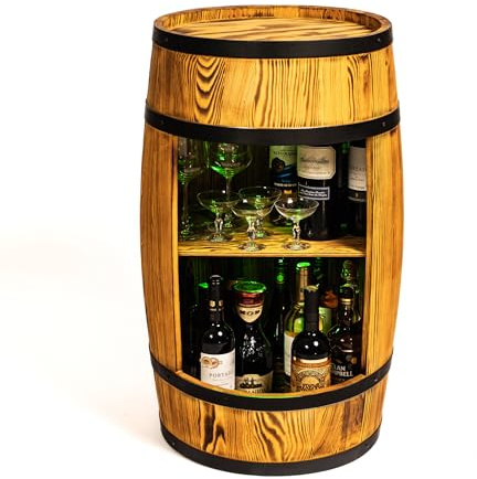 CREATIVE COOPER Scaffale per vino in legno con LED RGB – Armadietto da vino MiniBar – Armadio da bar – Altezza 80 cm – Retro decorativo scaffale – Montabile – Mobili a barile (bruciato dal sole)
