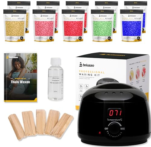 Bolusso Waxing Kit with Heater | 1000g Hard Wax Beans (5 Types), 50 Applicator Sticks & Aftercare Oil Included | Adjustable Temperature Hair Removal Kit for Home & Salon Use