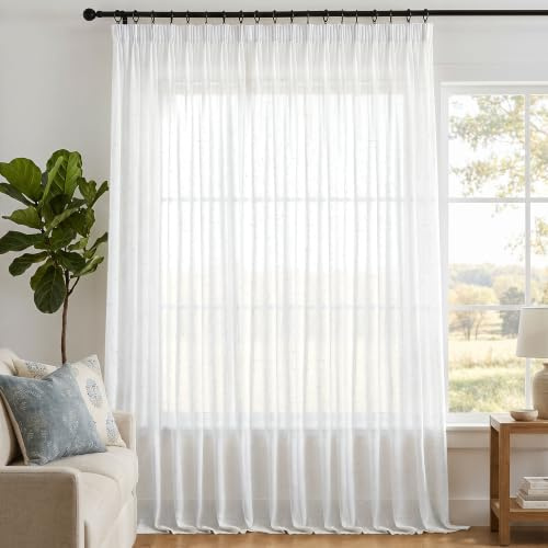 Deconovo Voilage Effet Lin Semi-Transparent Galon Fronceur Écru, 1 Pièce | L200 x H220 cm rideau léger pour salon et chambre, laisse passer la lumière, préserve l’intimité et habille la fenêtre