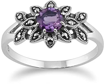 Gemondo Ring aus 925er Sterlingsilber mit Blumenmuster, Amethyst und Markasit