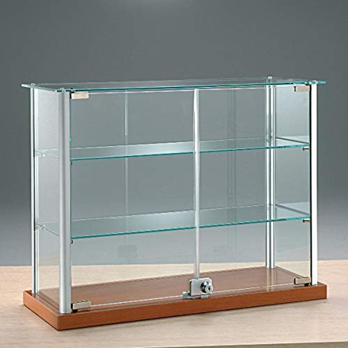 Kleine Aufsatzvitrine Glas T 25 x B 65 x H 50 cm - Tischvitrine Alu abschließbar - Holzunterbau Kirsche - Glasvitrine für Ausstellungen oder Messen - LED Beleuchtung
