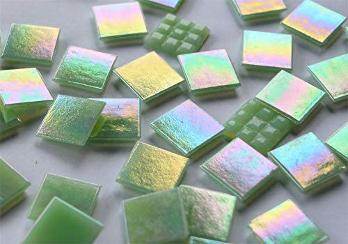 50 Stück Glas Mosaiksteine Hellgrün 2x2cm mit Regenbogenschimmer ca. 145g, Perlmutt Effekt