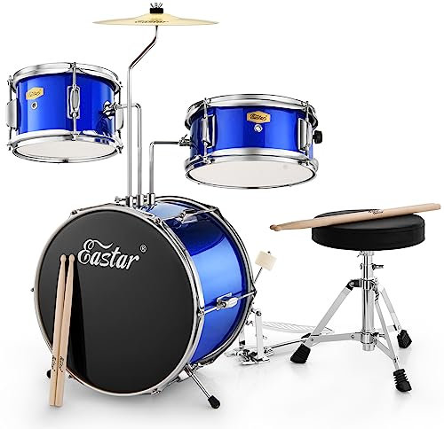 Eastar Schlagzeug 14 3 PC, für 3-10 Jahre Kinde, Schlagzeug Set mit Snare, Tom, Bass Drum, Bass Drum Pedal, Thron, Becken, Drumsticks, Spiegel Blau