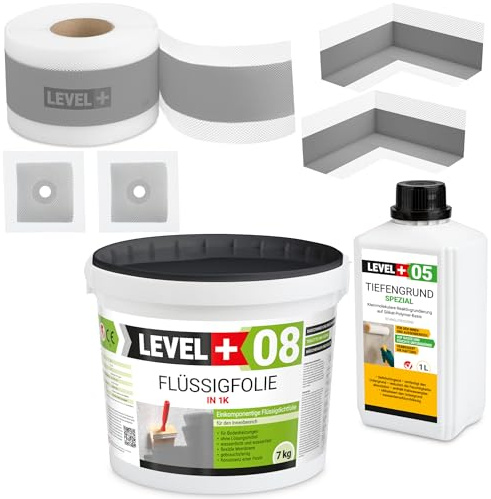 Dicht-set Duschabdichtung Bad 7 Kg Flüssigfolie, 1L Tiefengrund | 2 Innenecken, 2 Wandmanschetten, 5m Dichtband SET53