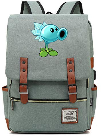 WANHONGYUE Plants vs. Zombies Spiel Backpack Vintage Schulrucksack Studententasche Schulranzen 15,6 Zoll Laptop Rucksack mit USB-Ladeanschluss Green / 3