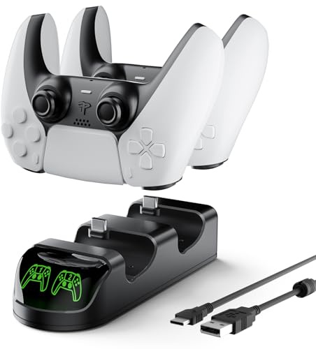 ETPARK&1 Ricarica Controller PS5, Base di Ricarica per Controller con Indicatore LED, PS5 Dual Controller Caricatore con 2 Porte di Ricarica di Tipo C Rimovibili, Bianco