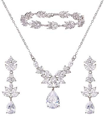 SWEETV Teardrop Wedding Bridal Jewelry Set for Brides Women Birdesmaid, Crystal Rhinestone Backdrop Necklace Earring Sets for Prom (Silver-Necklace+Earrings+Bracelet)