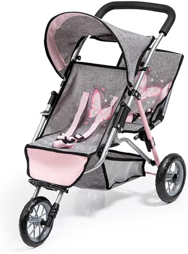 Bayer Design 39133AA Cochecito gemelar para muñecas, Duo, Carrito para muñecos Doble, Plegable, Gris, Rosa