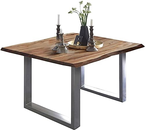 SAM Esstisch Mephisto 80x80 cm Akazie Natur U-Gestell Silber | Baumkantentisch massiv, Akazienholz naturfarben, 26 mm Tischplatte, Esszimmertisch, Holztisch