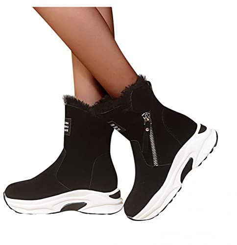 Hbeylia Winter Snow Boots For Women Ladies Casual Plush Fur Lined Wedge Platform Chunky Bottom Heels Mid Calf Boots Suede Warm Fashion Sneakers Fleece Lining Thermal Short Boots For Work Walking