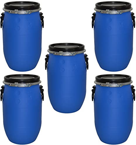 ITP Packaging Five x 30 Litre Plastic Blue Open Top Storage Barrel Drum Keg with Lid and Latch Ring, UN Approved, Food Grade for Shipping, Air Tight