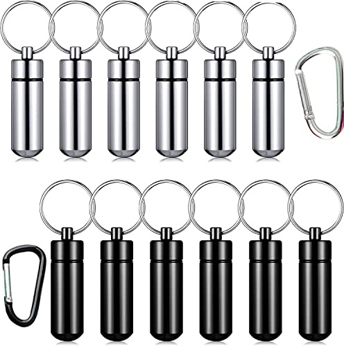 RUNCCI-YUN 12 Stück Pillenbox Schlüsselanhänger, Mini Aluminium Pillenbox Schlüsselbund wasserdichte Luftdichte kleine Kapsel Mini Schlüssel-Anhänger für Reise Camping(Silber Schwarz)