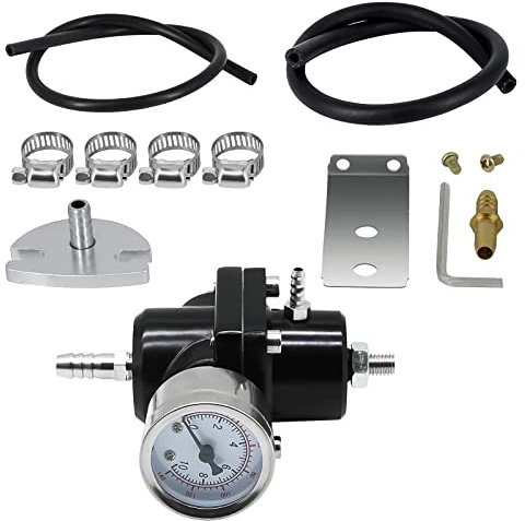 EFI Fuel Pressure Regulator Kit with Bypass Return 0-140psi Pressure Gauge AN6-6AN Fuel Line Hose Fitting Connectors Kit Adjustable Universal Aluminum (Black)