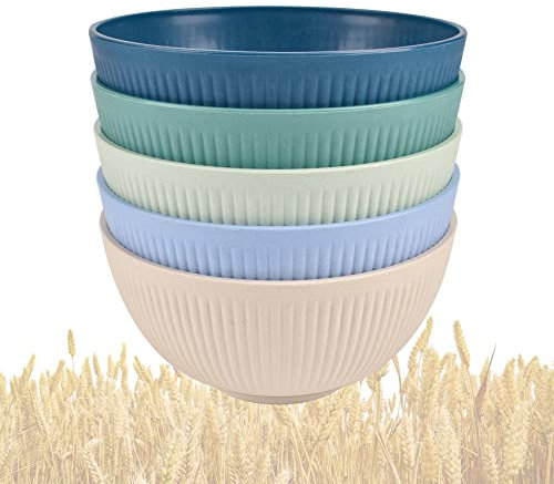 Unbreakable Plastic Cereal Bowls - Set of 5, 15cm Large Salad & Soup Bowls, Lightweight, Reusable for Breakfast, Camping, Microwave & Dishwasher Safe (Blue Green)
