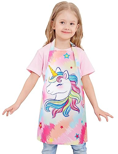WERNNSAI Kinderschürze - Einhorn Kinder Schürzen Malschürze Kinder Verstellbare Nackenriemen für Mädchen Wasserdicht Kochschürze mit Tasche Kochen Backen Malen Basteln Gartenarbeit