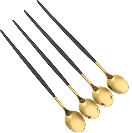Cabilock 4 Pack Stainless Steel Serving Spoons Mixing Spoon for Ice Cream Coffee Cocktails Long Handle Bartending Spoons Black Gold Material